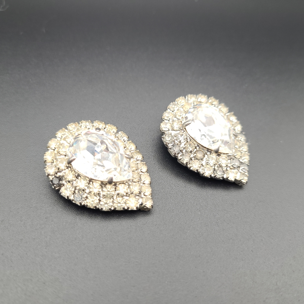 Vintage Bluette Crystal Teardrop Shoe Clips Silver Tone Rhinestone Glam